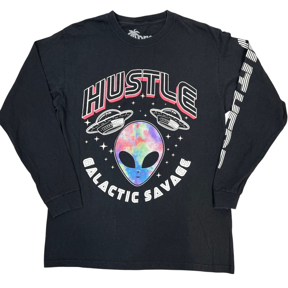 Galactic Savage Alien L/S Graphic T-Shirt Small* Black Tie-Dye Space Skater Tee